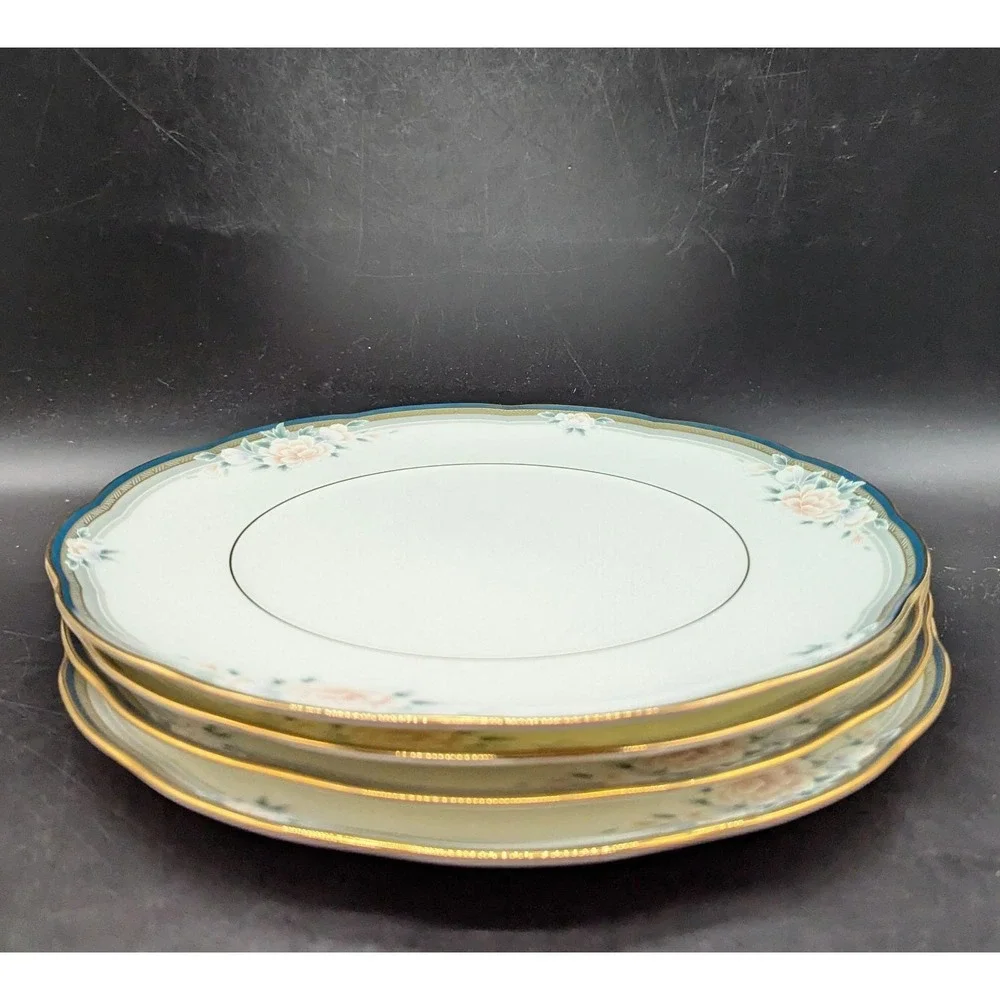 Set/4 Vintage Noritake  Bone China Carnegie Dinner Plate Scalloped Green Trim
